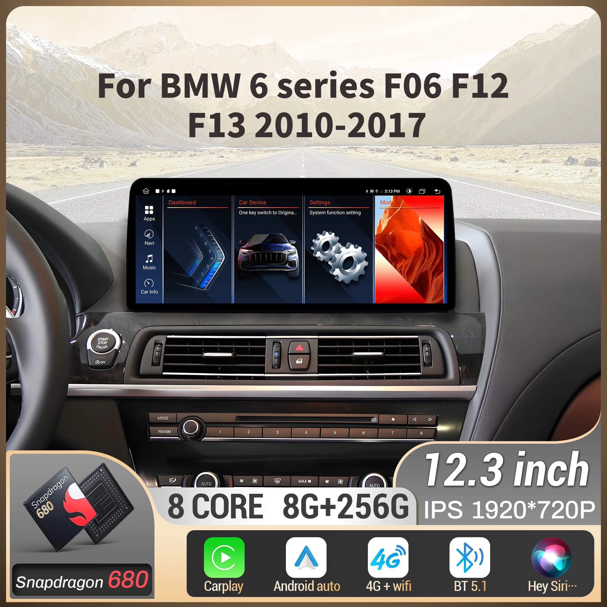 

12,3-дюймовый для BMW 6 серии F06 F12 F13 2010 2011 2012-2017, автомобильный радиоприемник, беспроводной Bluetooth Carplay, головное устройство, экран Snapdragon 680