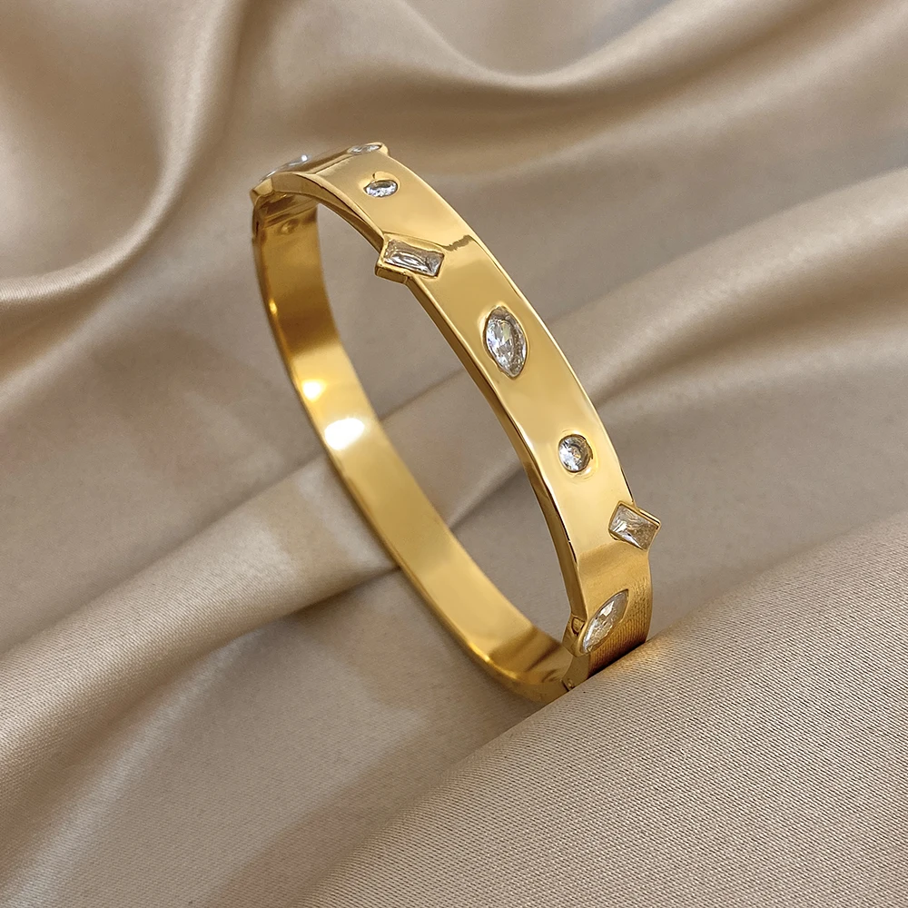 شخصية غير النظامية الفولاذ المقاوم للصدأ الإسورة سوار المرأة موضة هندسية الزركون سوار واسع مقاوم للماء مجوهرات هدية