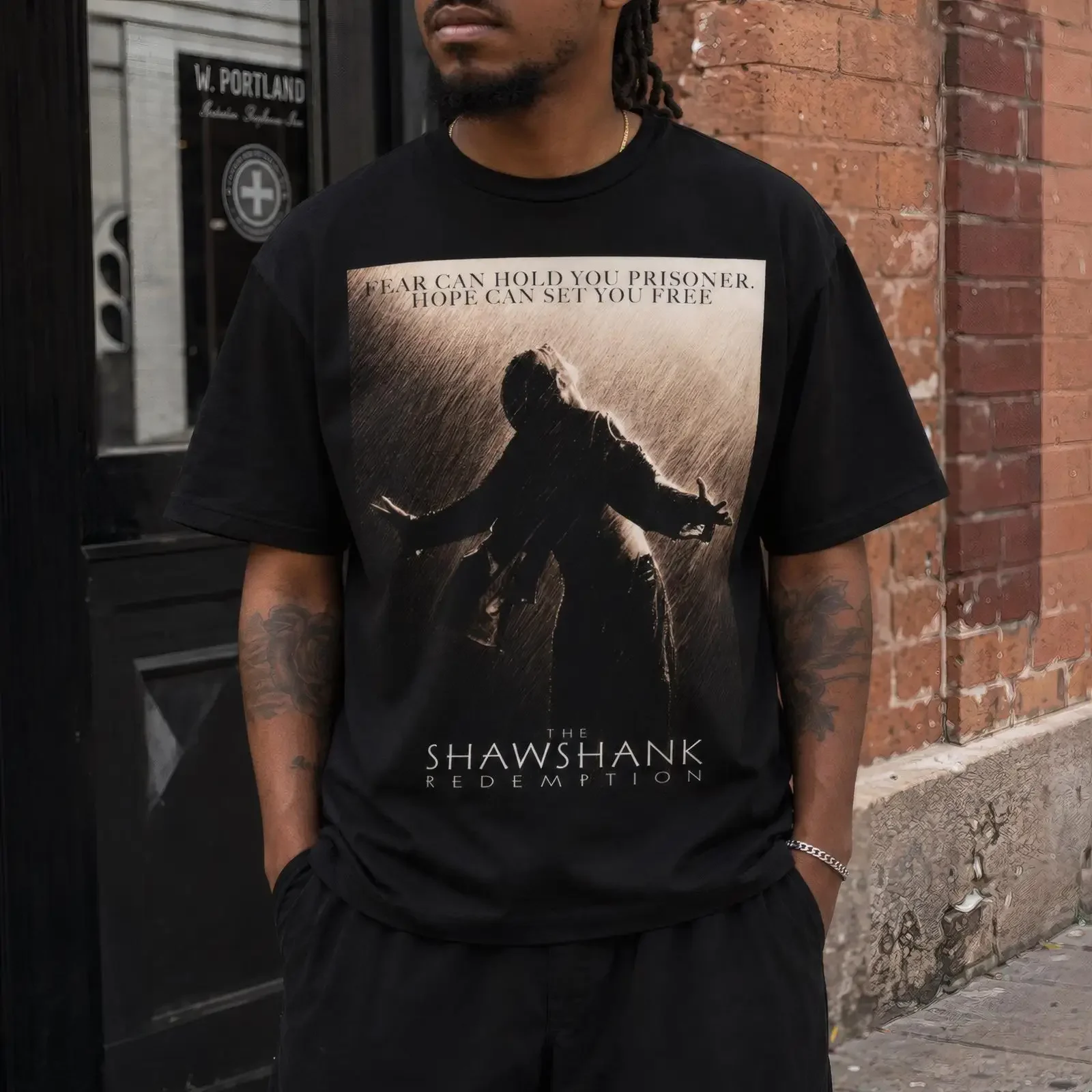 T-shirt vintage pour homme, noir, surdimensionné, en coton, décontracté, avec affiche du film Shawshank Redemption, style vintage, légèrement délavé