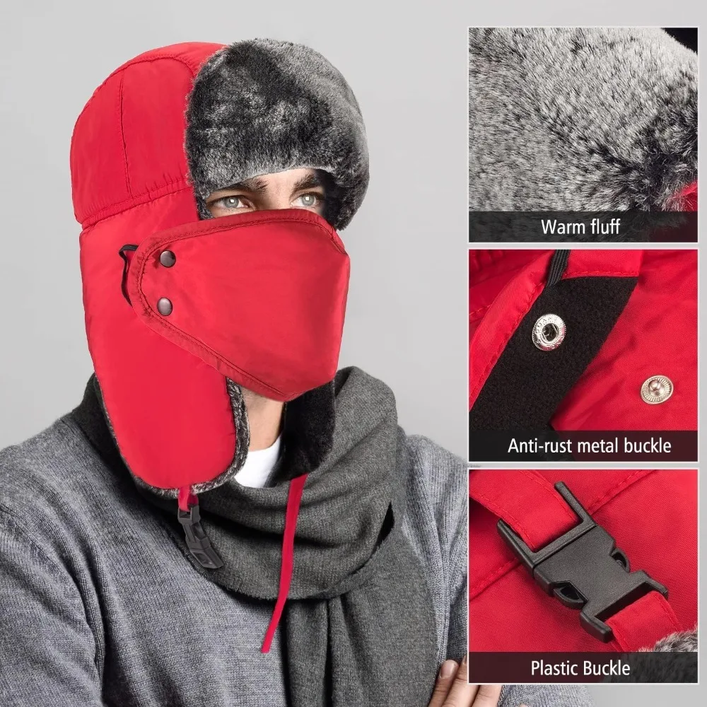 قبعات شتوية للنساء والرجال مع غطاء للأذن، قبعات بومبر روسية دافئة للطقس البارد