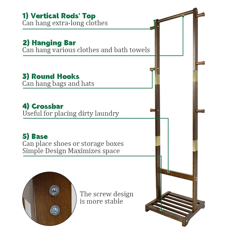 Heavy Duty Coat Rack Freestanding Coat Hall Tree Stand with 2 Tier Storage Shelves Space Saving Brown