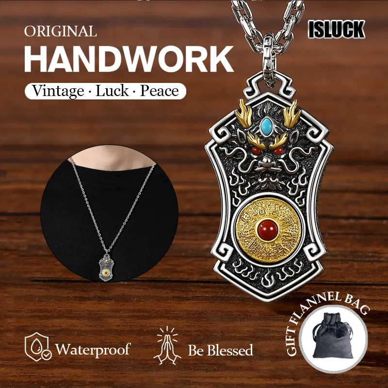 New Dragon Power Taoist mantra pendant retro personality hipster faucet pendant necklace unisex hand-woven.