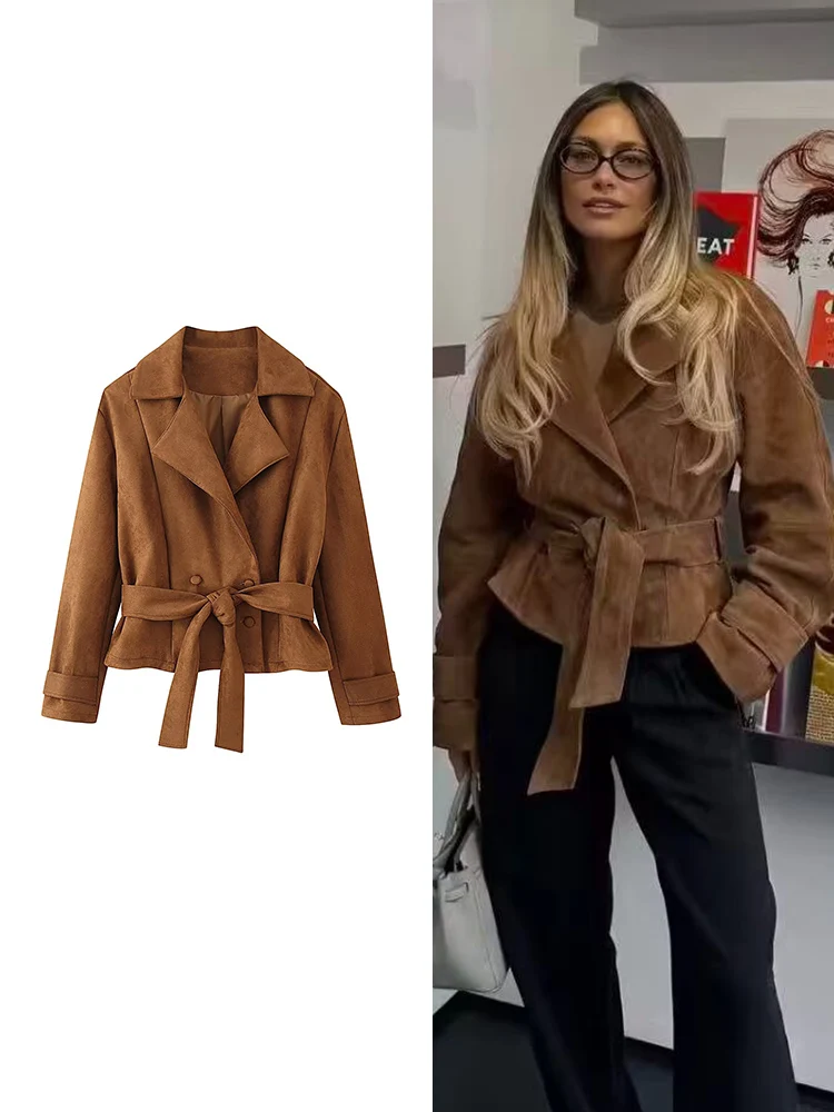 

Женская шикарная замшевая куртка на пуговицах, свободное короткое пальто с лацканами и длинными рукавами на шнуровке, осень-зима 202, женская уличная верхняя одежда