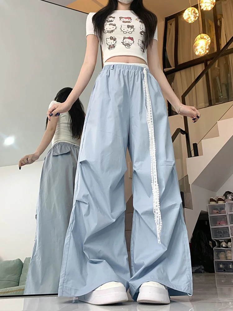 Jmprs Lace Bow Cargo Pants Women High Waist Loose Sweet Blue Trousers Casual Vintage Korean Female Summer Wide Leg Pant Retro