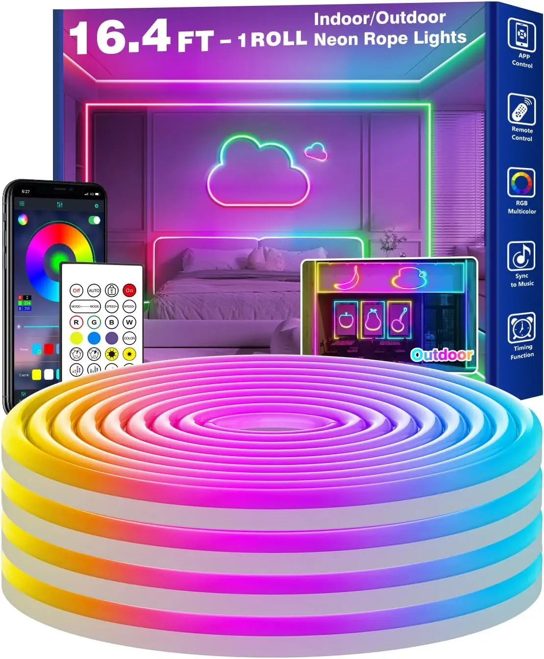 16.4FT LED Neon Rope Lights Waterproof with Smart App Control Remote,DIY Scene Modes,Music Sync hronization