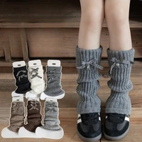 Calentadores de piernas con lazo a cuadros Harajuku y corazón para mujer, calcetines largos a rayas Y2k, calentadores de pantorrilla Kawaii tejidos de estilo japonés JK Lolita