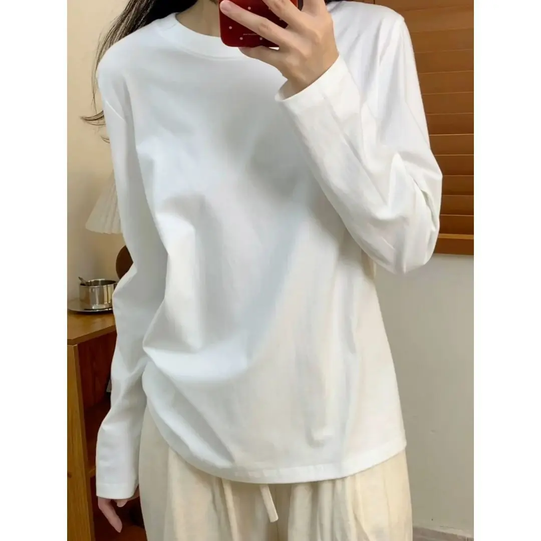 

Wholesale Pure Cotton White Long Sleeve T-Shirt For Women Early Spring Autumn Winter Fleece Lined Basic Layering Top Regular