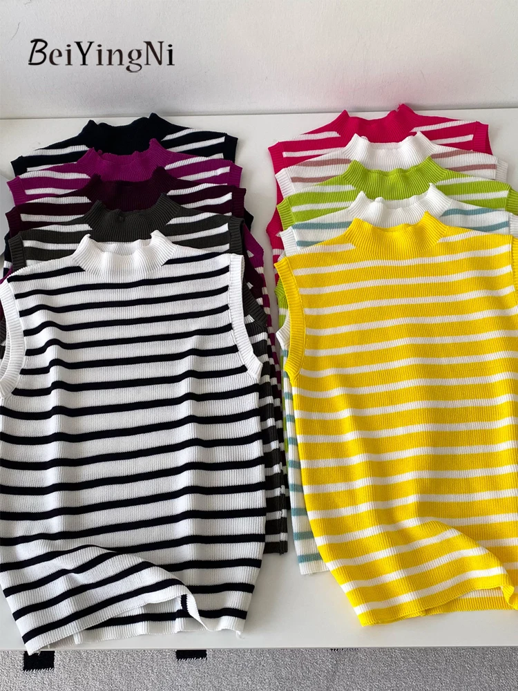 

Beiyingni Summer Korean Tanks Tops Women Retro Street Striped Sleeveless Top Female 2026 Fashion Chic Casual Sexy Knitted Vest