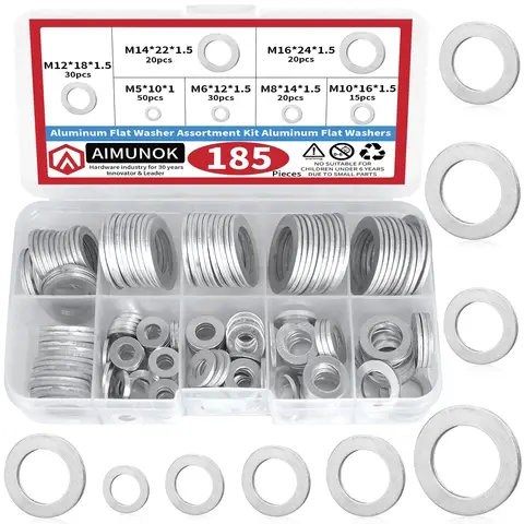 185 st. aluminiumbrickor, sortimentskit, aluminiumbrickor, M5 M6 M8 M10 M12 M14 M16 bricka, platt ring, packningsringar 8 best sales delar tvättmaskin - №1