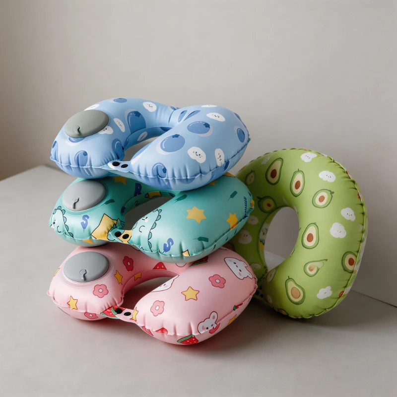 Inflatable U-shaped Travel Neck Pillow Cute Comfortable Neck Support Cushion with Cartoon Pattern for Airplane Office Napping