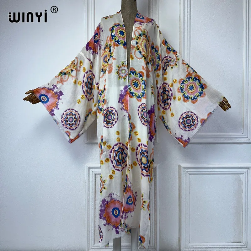 Winyi Kimono Vrouwen Zomer Print Hot Stamping Vest Vrouw Kaftan Abaya Dubai Luxe Strand Cover Up Boho Kleding Feestjurk