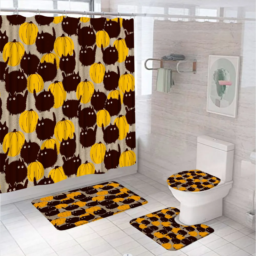 4Pc Cute Black Cat Shower Curtain Set Halloween Pumpkin Fabric Screen Non-Slip Rug Toilet Lid Cover Bath Mat Bathroom Decor Home