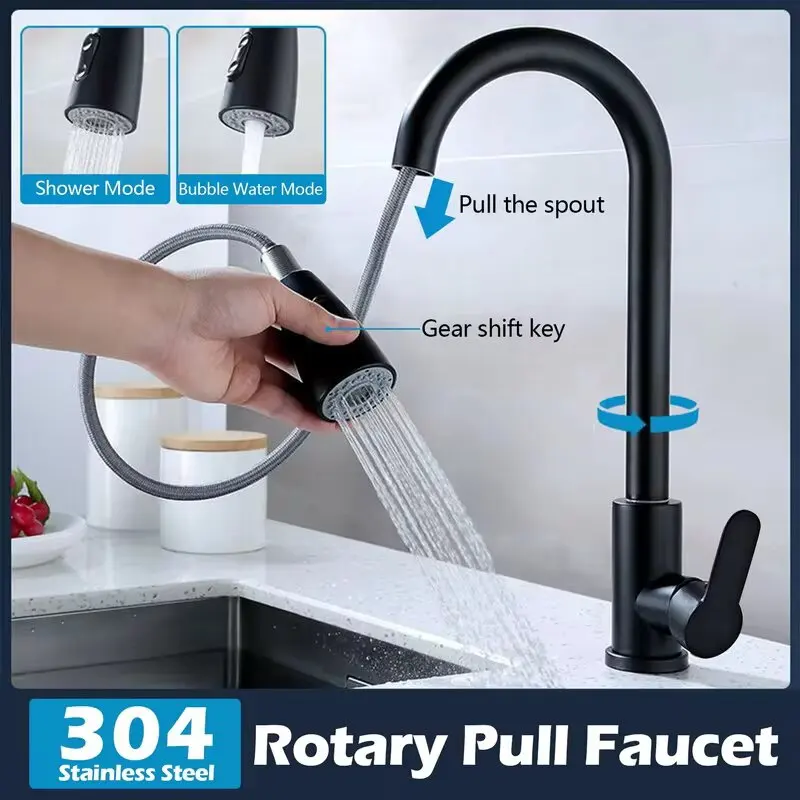 Stainless steel kitchen faucet single hole pull out spout kitchen sink mixer faucet flow spray head 360 swivel cleaning faucet