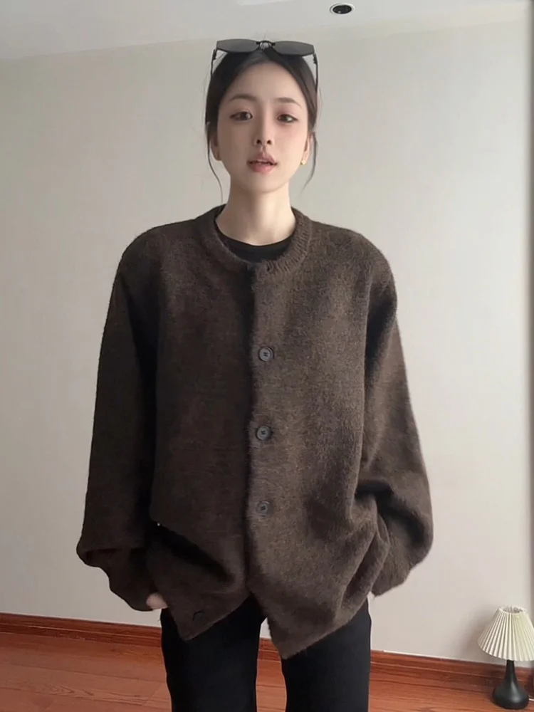 

Deep Brown Open Cardigan Sweater ex Autumn Winter Lazy High-End Knitted Jaet Casual Loose Fit Polyester Fiber Long Sve