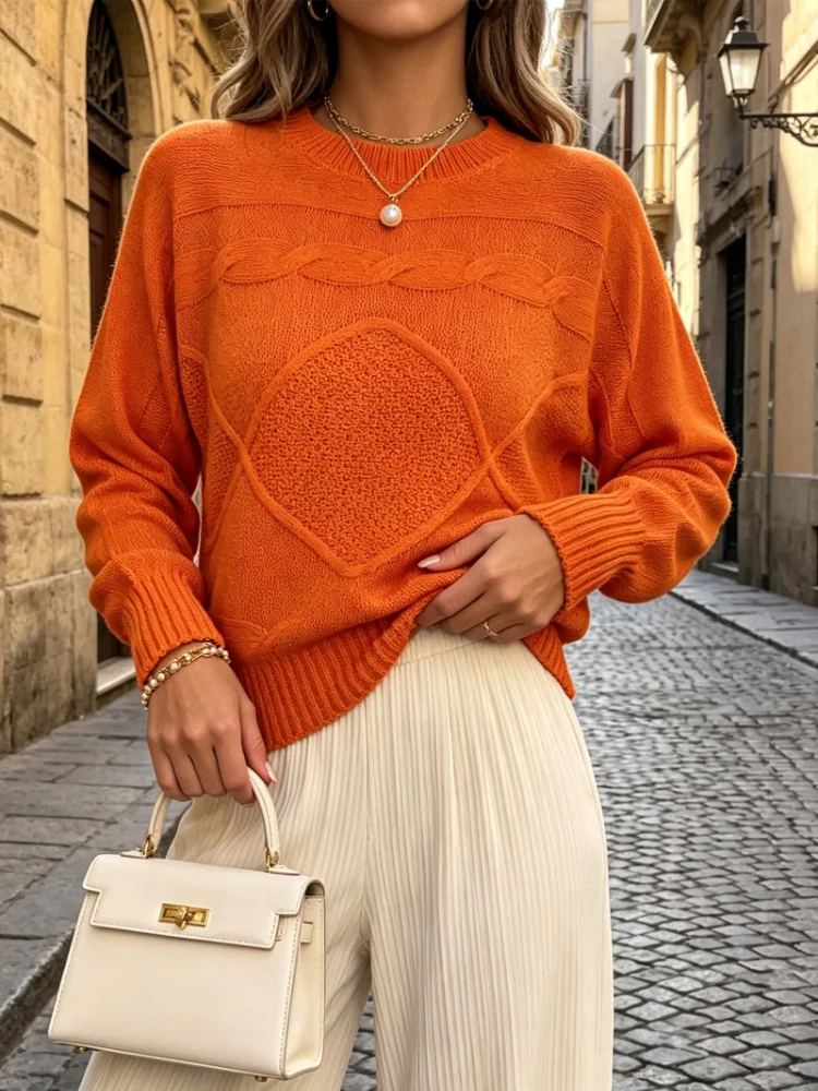 Autumn New 2026 Elegant Women Diamond Cable Knit Sweater Crew Neck Solid Long‑sleeve Pullover Loose Casual Knitted Tops