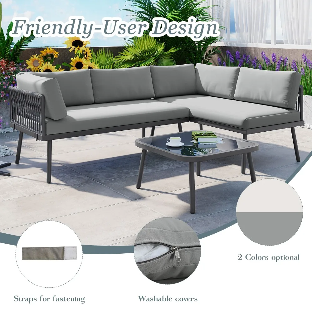 3-Piece PE Rattan Sofa Set All Weather Patio Metal Sectional Furniture Set with Cushions and Glass Table