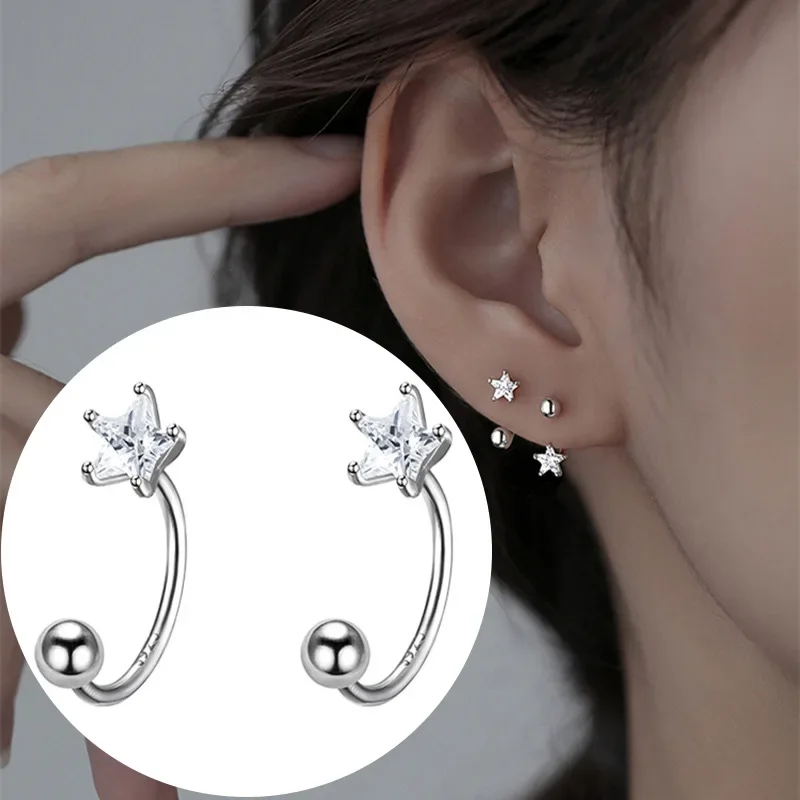 VOQ Silver Color Little Star Stud Earrings Female Korean Spiral Stud Tragus Cartilage Piercing Jewelry Gothic