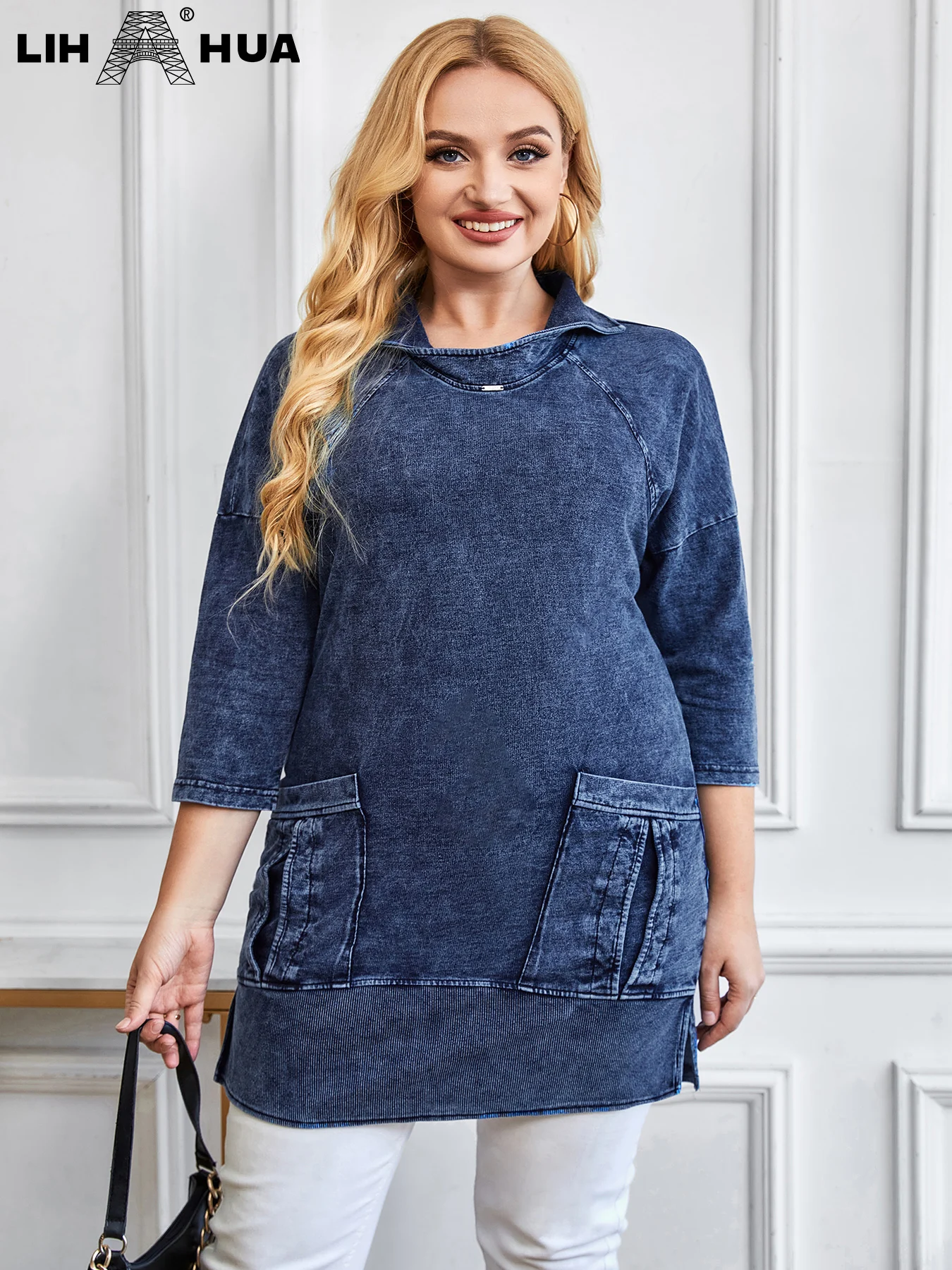 LIH HUA damska Plus Size kurtka dżinsowa na co dzień długi styl Slim kurtka dżinsowa dla kobiety Premium dzianinowe Denim