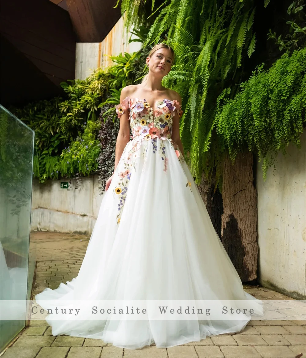 Abiti da sposa floreali in pizzo ricamato colorato con spalle scoperte Tulle Foresta Woodland Boho Abiti da sposa personalizzati