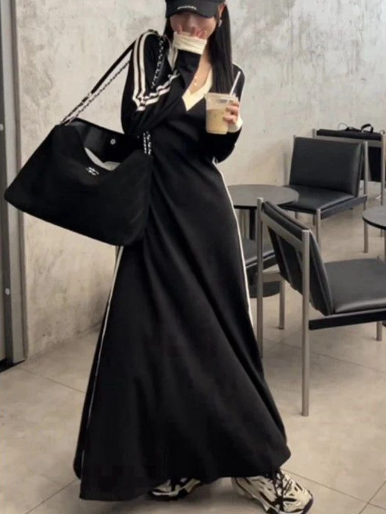 Long Sleeve Midi Dress Women Simple Leisure Preppy Style Ulzzang Students Streetwear New Arrivals Chic Vintage V-neck All-match