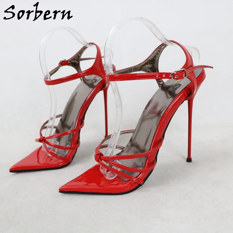 

Sorbern 14Cm Red Glossy Women Sandals Slingback Sexy Cross Strap Knot Night Club Footwear Sissy Boy Shoes Custom Colors