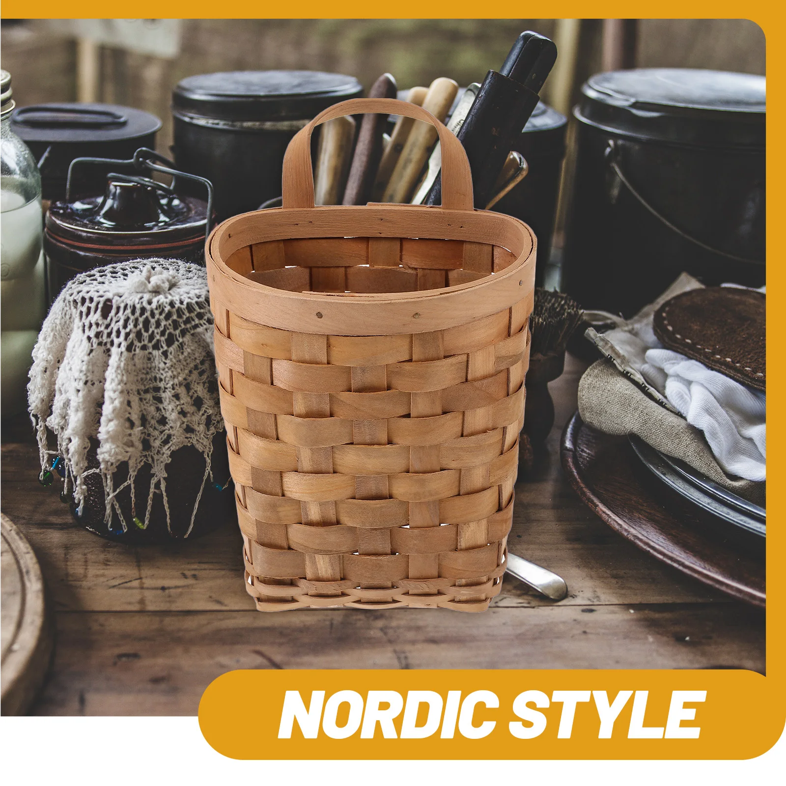 

Woven Storage Basket Carbonized 14x10.8x17.5cm Kitchen Organizers Hanging Bins Wall Basket Wood Material Bathroom Bedroom Living