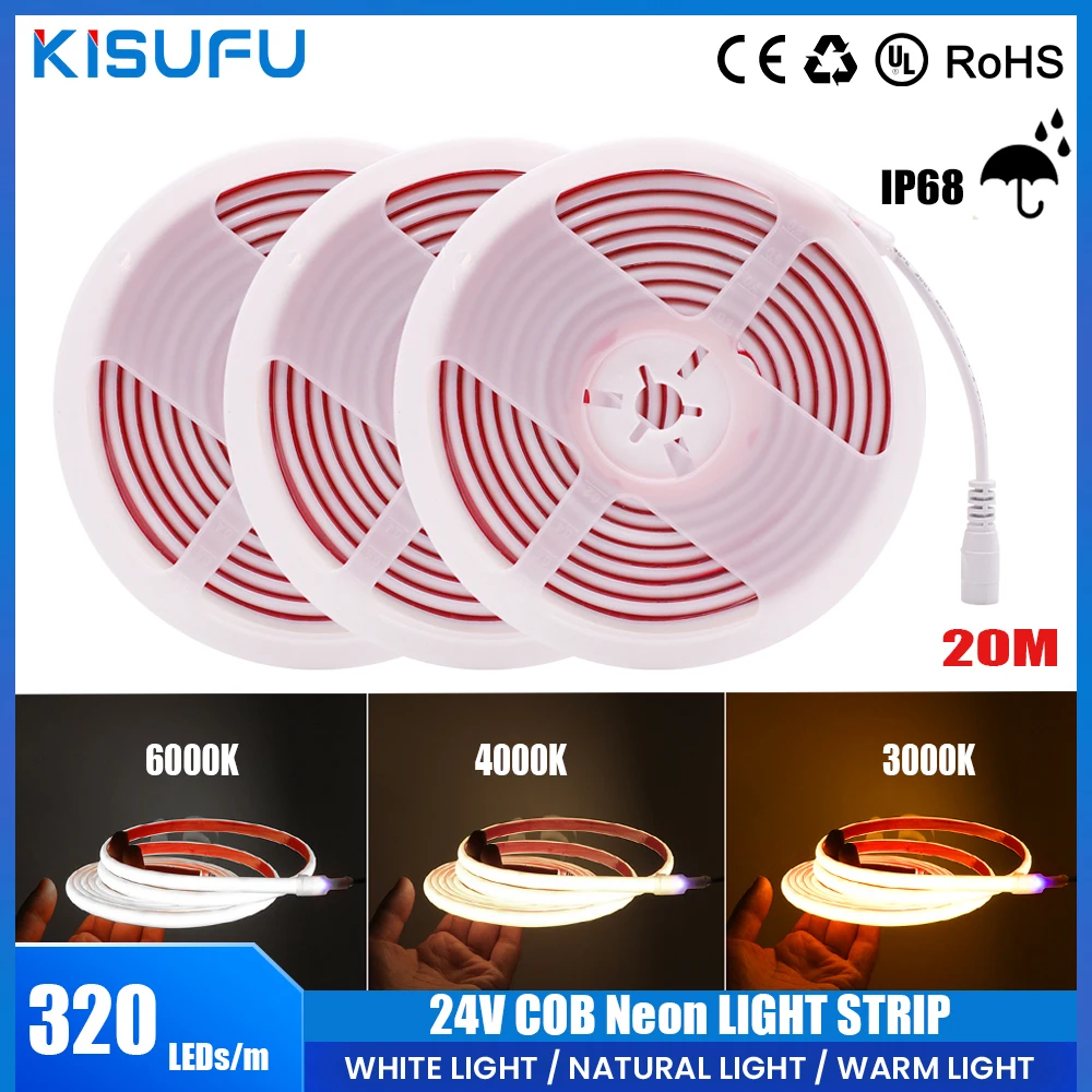 Водонепроницаемая неоновая Светодиодная лента COB IP68, гибкая лента 12 В, 24 В, 20 м, 320 светодиодов/м, яркая подсветка высокой плотности 6000K