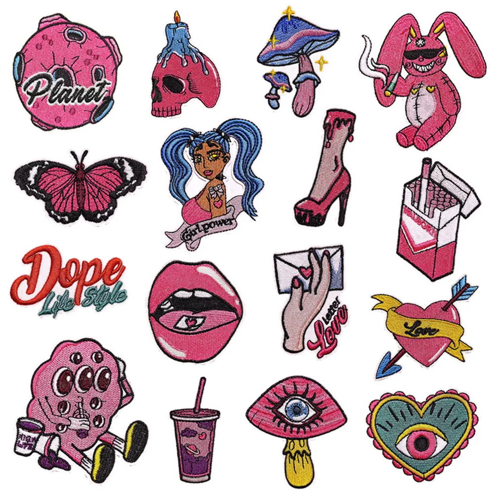 

Pink Rabbit Butterfly Cartoon Patches Embroidery Applique Clothes Sewing Supplies Decorative Child Cute Iron on Badges Patch