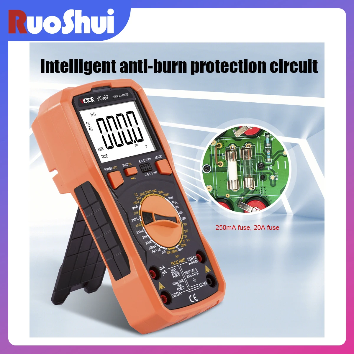 RuoShui VC980+ High-Precision Digital Multimeter 19999 Counts 1000V 20A AC/DC Frequency Testing Meter Intelligent Triode Tester