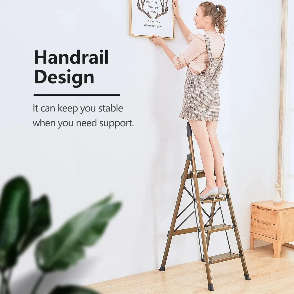 سلم قابل للطي من الألومنيوم خفيف الوزن بأربعة خطوات مع مشطات مضادة للانزلاق وخطوات واسعة لسلامة المطبخ المنزلي والراحة #3