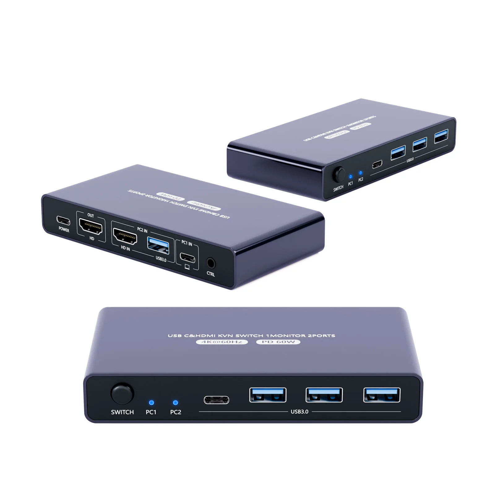 2 In 1 Out KVM Switch 4K 60Hz Type C for Laptop PC Monitor Keyboard Mouse Sharing