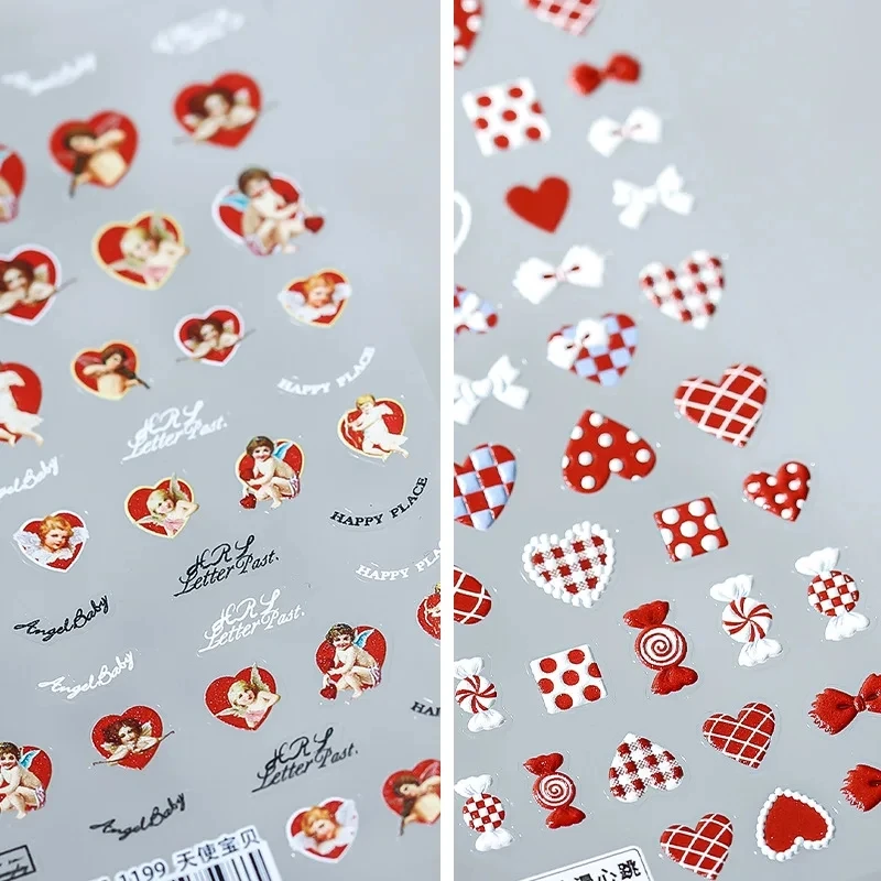 Cute Little Angel Red Love Heart 5D Soft Reliefs Self Adhesive Nail Art Decorations Stickers Delicate 3D Nail Decals Wholesale