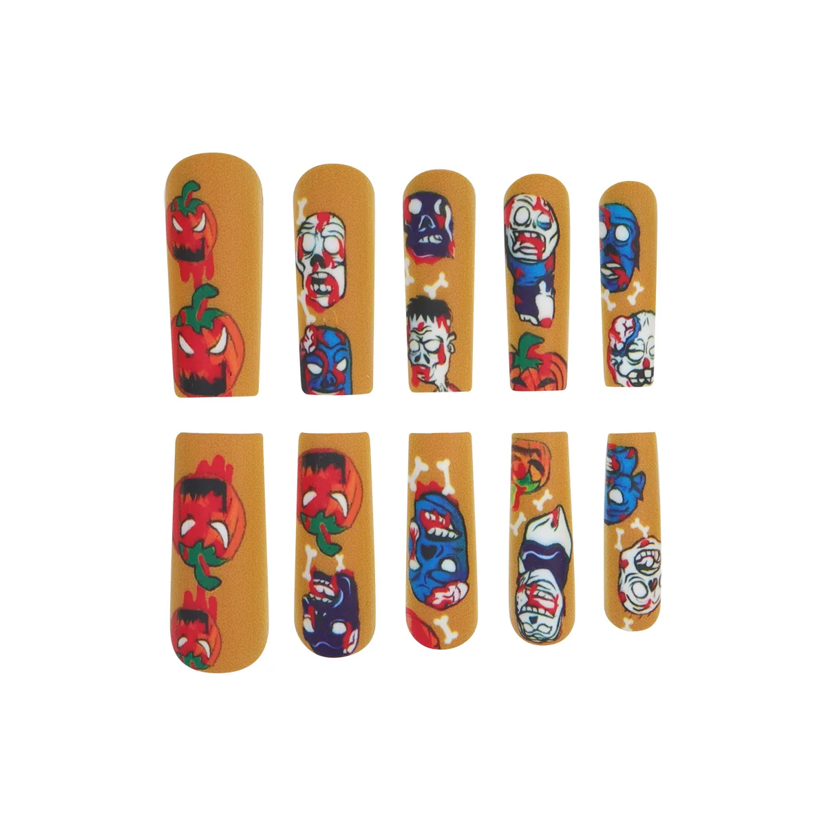 24Pcs Halloween Graffiti Pumpkin Press On Nails, Long Square Fake Nails, Reusable Nail Stickers for Holiday Party, With Tools - view 4