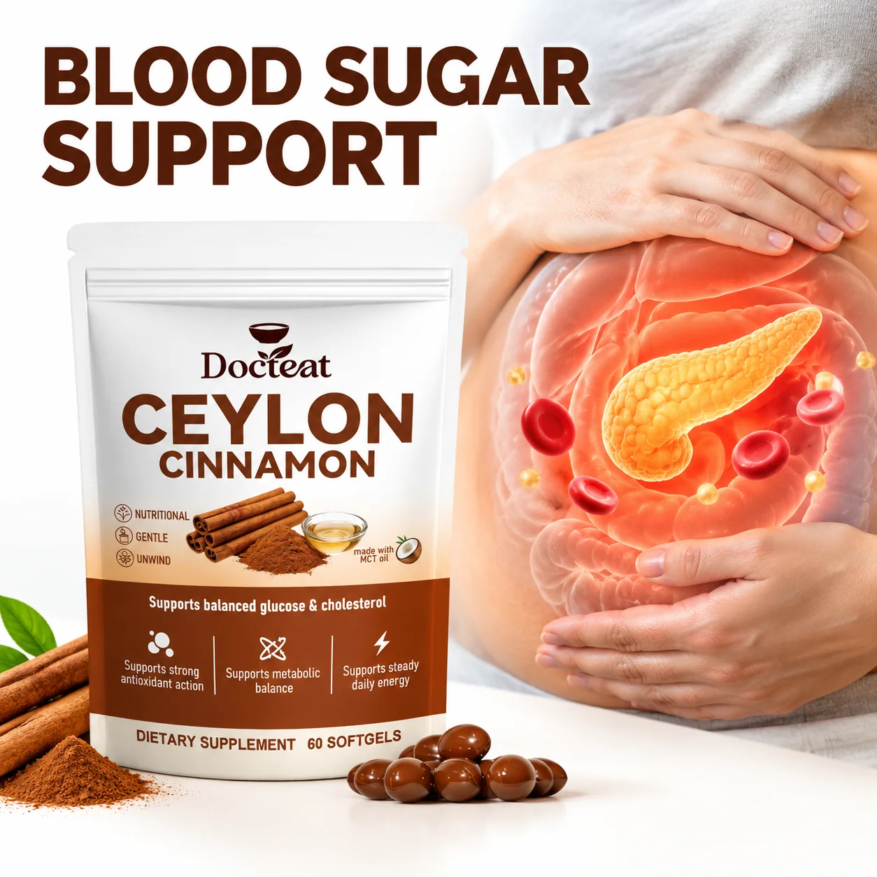 Ceylon Cinnamon Softgels,Supports Healthy Blood Sugar Levels & Reduces Sugar Cravings,MCT Oil, Chromium & Green Tea,60 Softgels