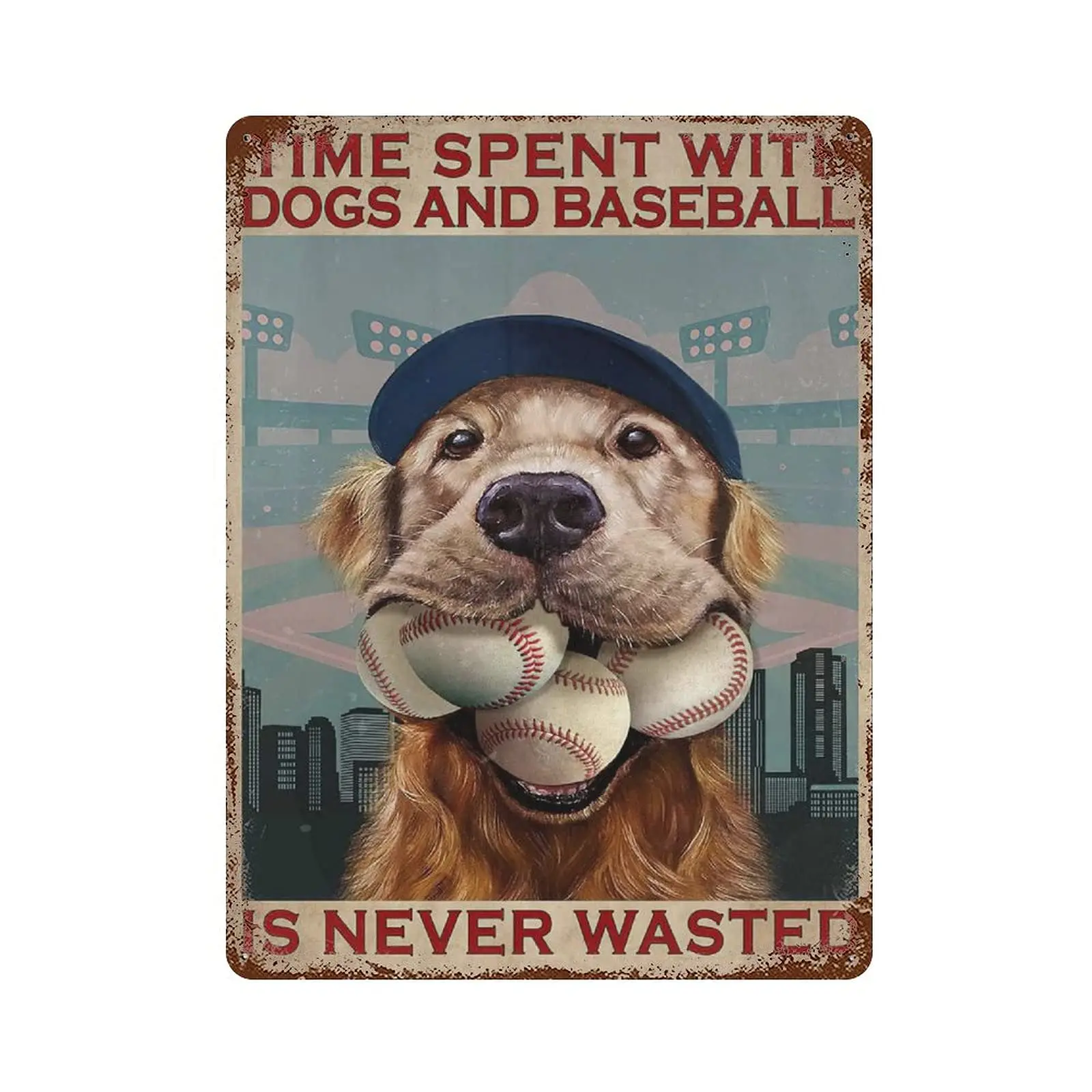 Dreacoss Metal tin Sign，Retro Style， Novelty Poster，Iron Painting，Time Spent with Dogs and Baseball is Never Wasted Tin Sign，Wal