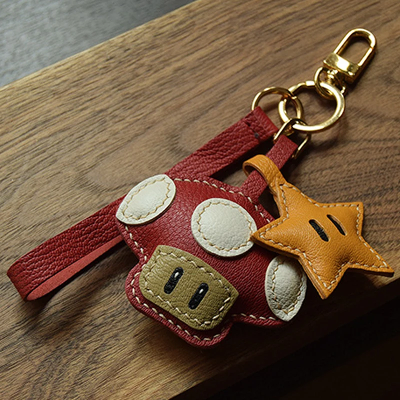 Handmade Leather Mushroom and Star Bag Charm KeyRing