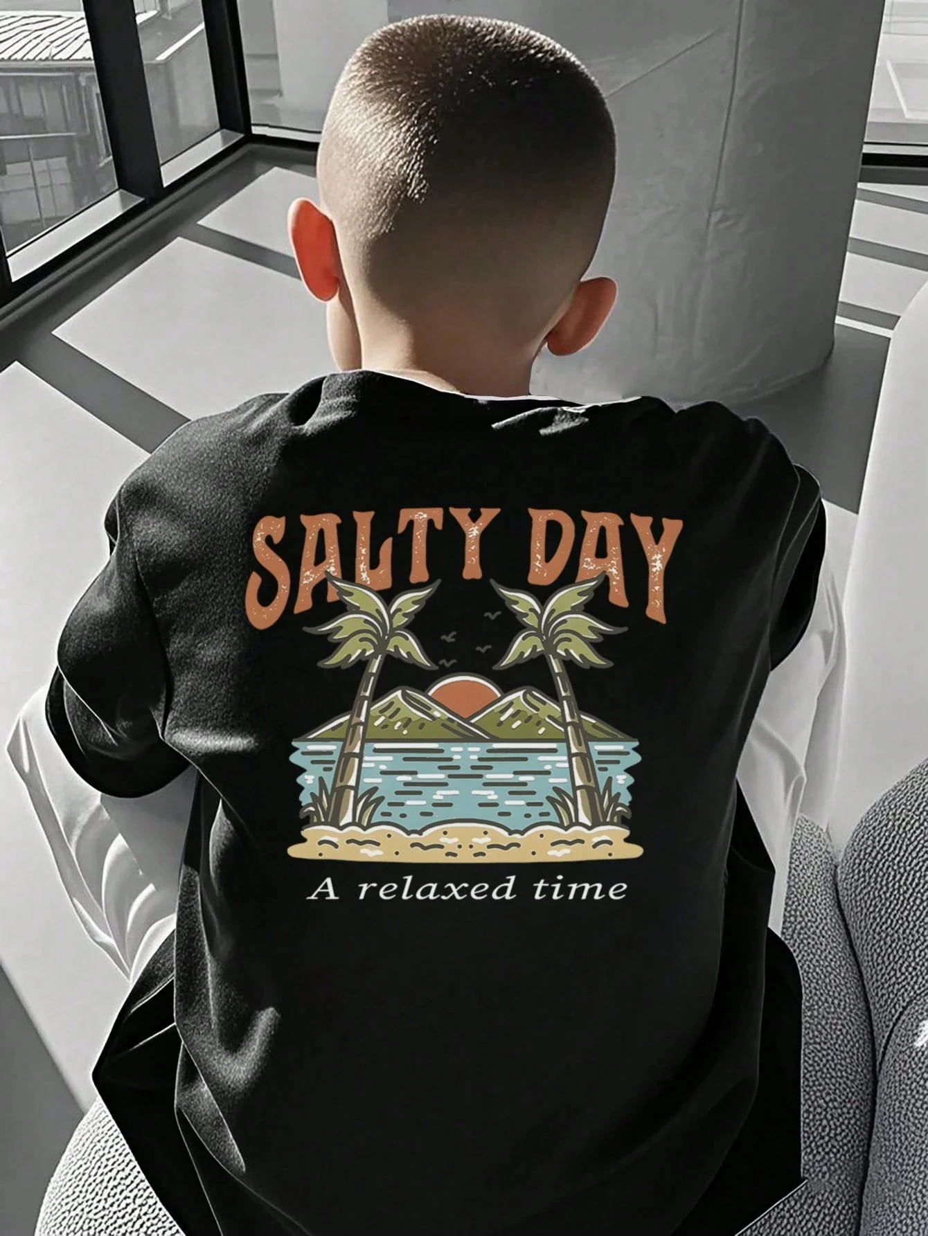 Camiseta con estampado gráfico de árbol de coco de amanecer para niños, camiseta para chico, camiseta de cuello redondo para surfear en la playa, camiseta para niño y niña, camiseta de verano de manga corta