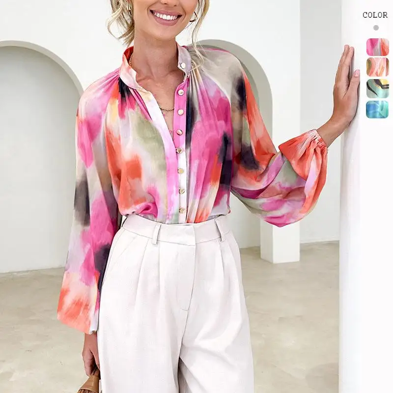 

Women's Printed irt Collar Long Sve Lantern Sve Polyester Fiber 2023 Autumn Faion Ladies' irt Casual Workwear