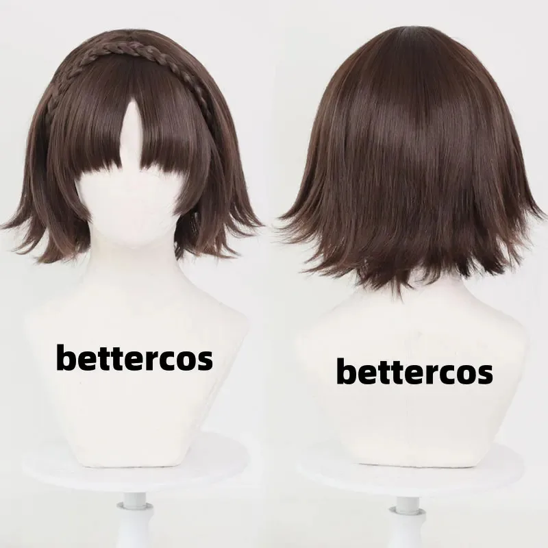 P5 มาโคโตะ นิอิจิมะสีน้ำตาลคอสเพลย์ถักเปียวิกผมสังเคราะห์ทนความร้อน + หมวกวิกผม F;H7. '6FK;8