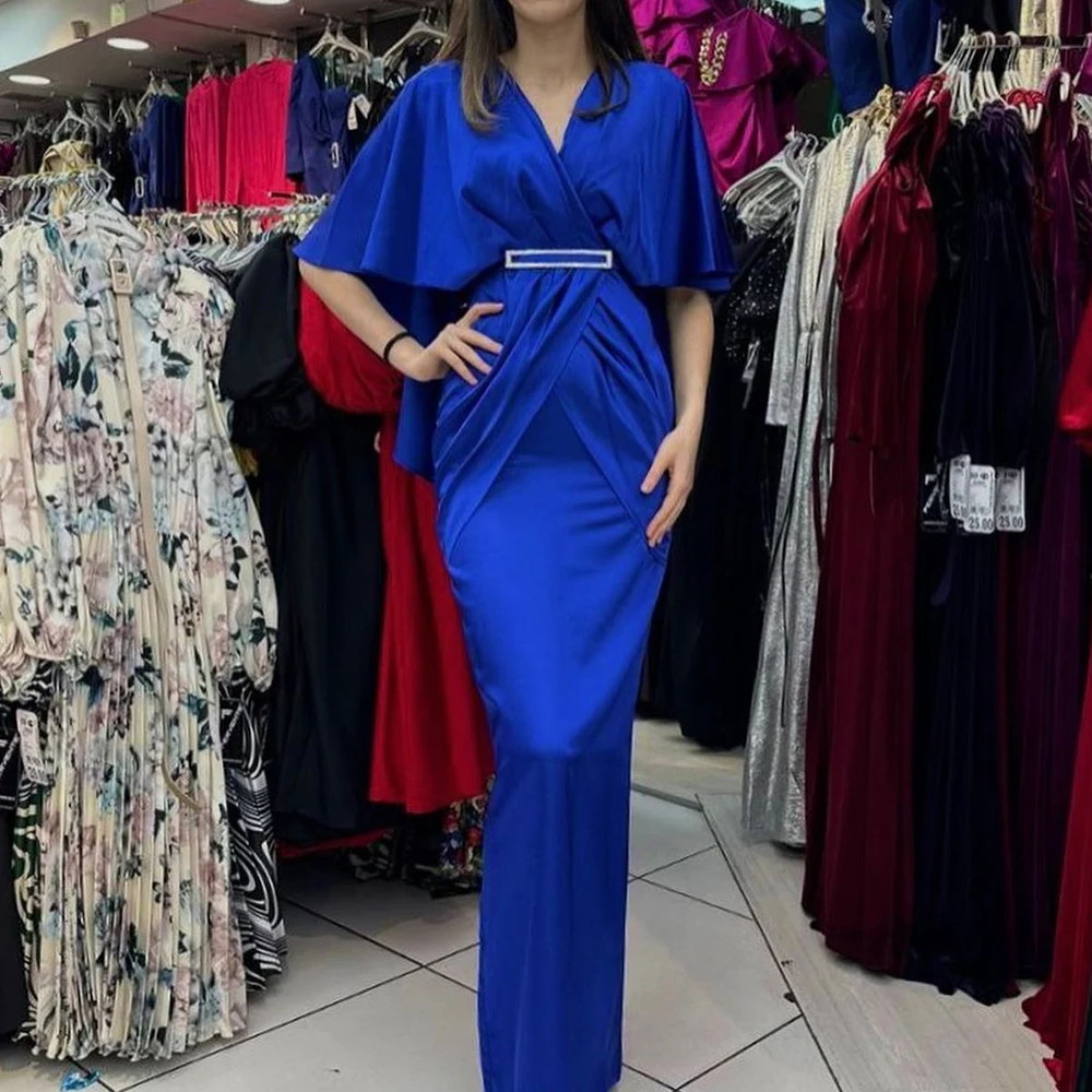 

Formal Straight dresses V-Neck for formal occasions Backless Jersey Pleats Blue Floor Length Back Silt Saudi Arabia Women