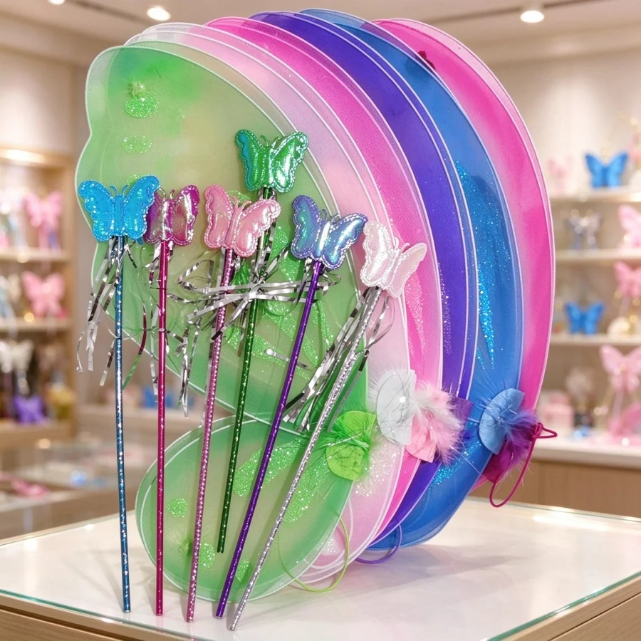 2Pcs New Butterfly Wings Back Decor with Fairy Wand, Stage Cosplay Costume Prop