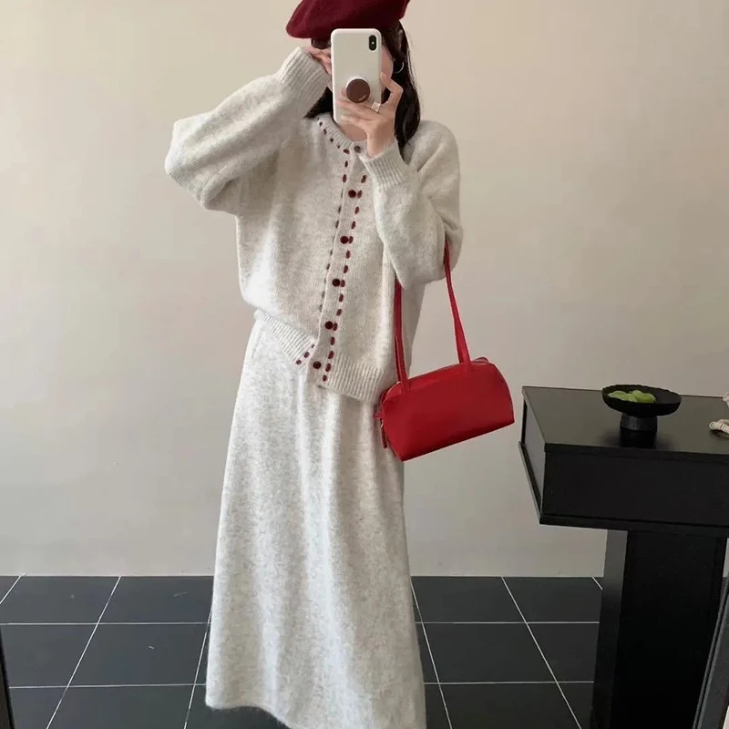 

Vintage Knit Two Piece Sets Women Sweet Button Loose Casual Lazy Wind Cardigan Female High Waist Solid Office Lady Long Skirt