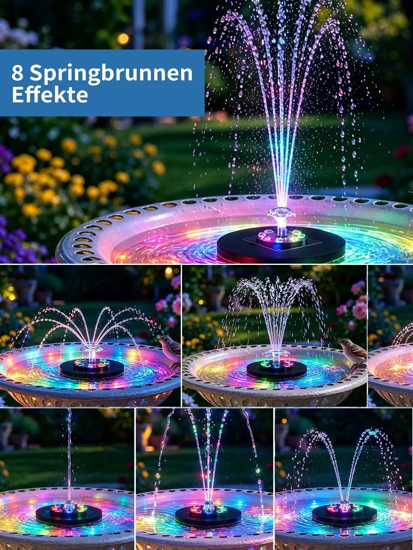 8W Teichpumpe solar für Draussen, 1800mAh Solarbrunnen für Draussen mit Akku für Vogelbad kleinen Teich Wasserspiel- Solar Springbrunnen 10 Fontänenstile 8 bunte LED für DIY Gartenliebhaber