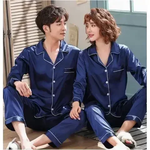 Ice Silk Satin Couples Pajamas Thin New Women Men Two-piece Plus Size Homewear Set Pijama Set Women Pijma Hombre