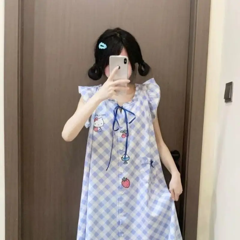 

Sanrios Kawaii ночная рубашка Hello Kitty, летнее платье, новый стиль, домашняя одежда с v-образным вырезом, милый простой свободный дышащий подарок на день рождения