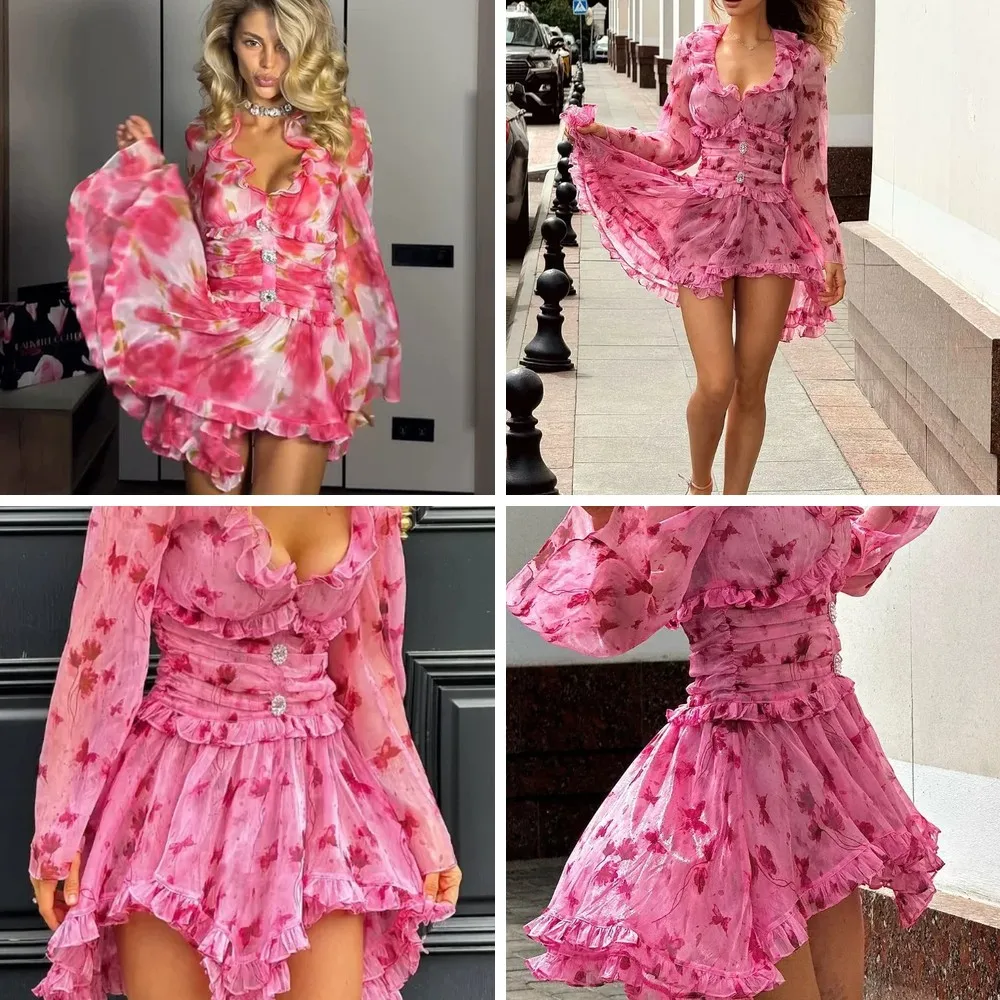 

Sexy Floral Print A-Line Mini Dress for Women, Long Sleeve Waist Cinching Ruffle Dress 2026 New Vacation Gown (72 characters)