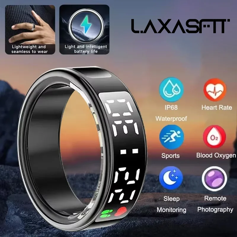 LAXASFIT New Men's Smart Ring SR08 LED Display Heart Rate Monitor Exercise Tracking Women's Fashion Smart Ring 5ATM Waterproof