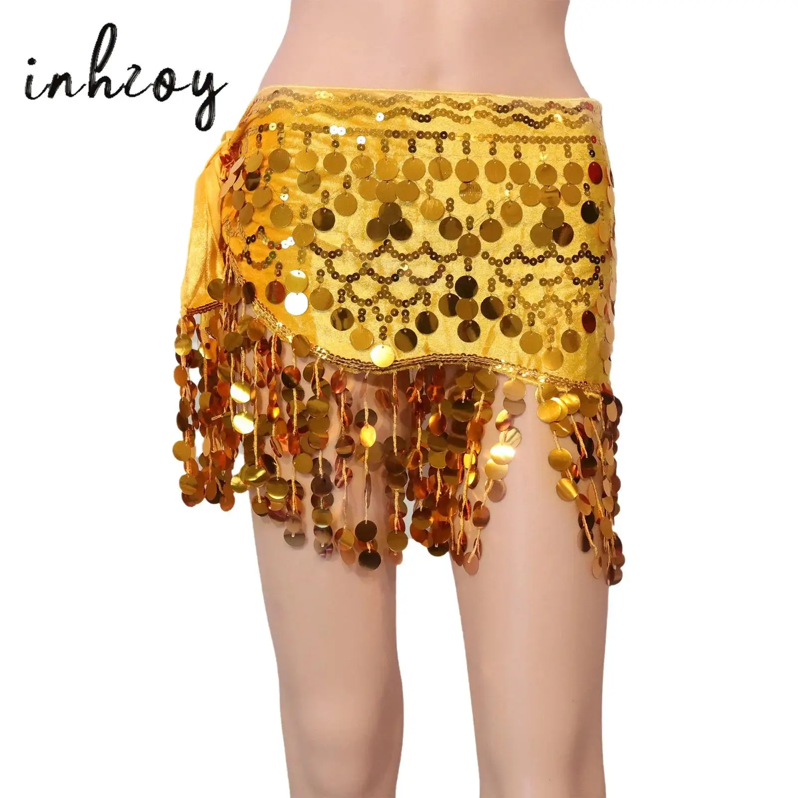 

Womens Belly Dance Hip Scarf Sparkly Sequins Tassel Lace-up Waist Skirt Hip Wrap Skirt for Stage Performance Belly Dancing Class
