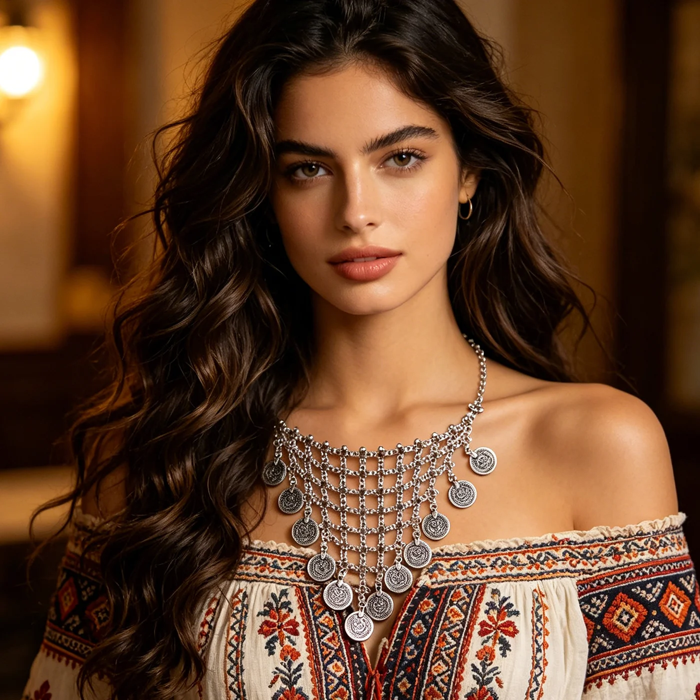Handmade Floral Design Boho Gypsy Beachy Necklace Ethnic Tribal Turkish Style Flower Silver Coin Zinc Alloy Claw Setting Wedding