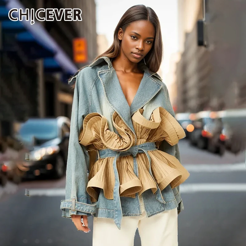 

CHICEVER Streetwear Colorblock Coats For Women Lapel Long Sleeve Patchwork Ruffles Casual Designer Jacket Female Fashion Style